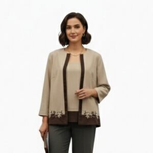 Kari's Korner 2-Piece Set Embroidered Jacket & Shell Top Brown Trim Size 18WP